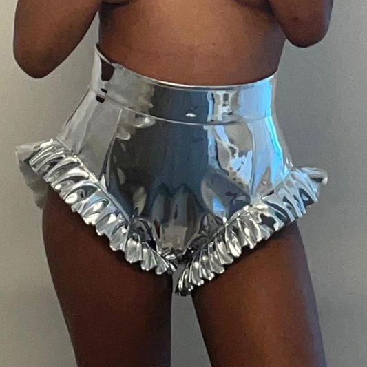 Shorts de Cuero PU Cintura Alta con Brillo Personalidad