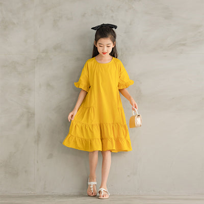 Vestido Amarillo Infantil de Color Liso con Mangas Coquetas