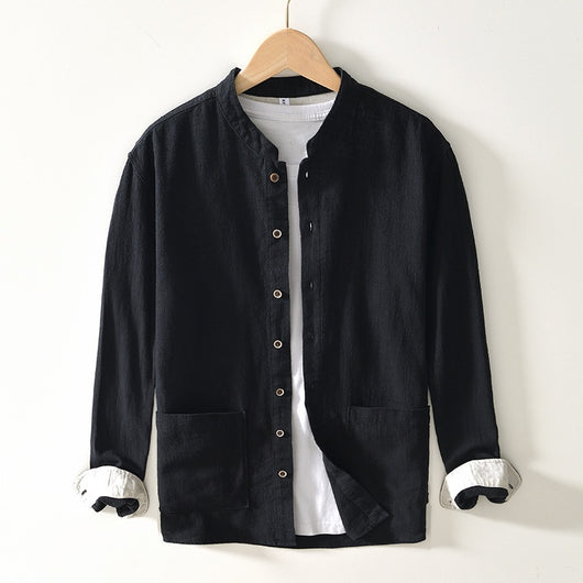 Camisa Lino Cuello Mao Manga Larga Transpirable Estilo Asiático para Hombre - Image 3