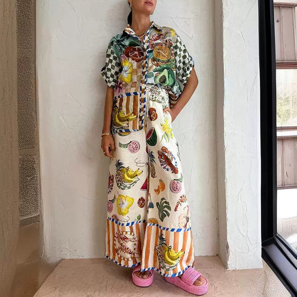 Conjunto de Blusa Estampada y Pantalón Ancho Holgado para Mujer