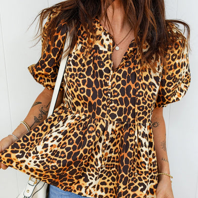 Blusa Suelta de Leopardo para Mujer - Manga Corta Casual