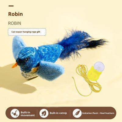 Plush bird cat toy with orange chest, brown body, and real speckled feathers, includes a yellow hanging rope. - Image 7