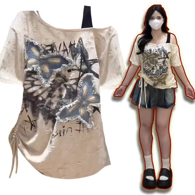 Blusa Mariposa Holgada con Hombro Descubierto - Manga Corta - Image 2