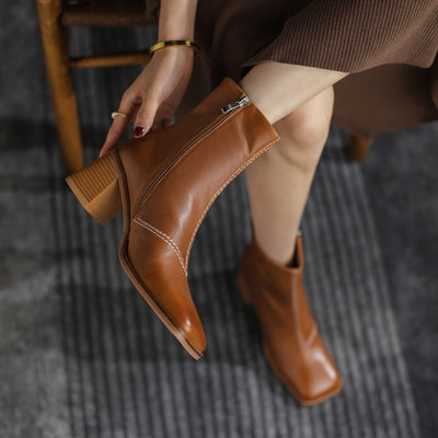 Botas Retro de Tacón Chunky y Punta Cuadrada en Piel de Cordero para Mujer - Image 9