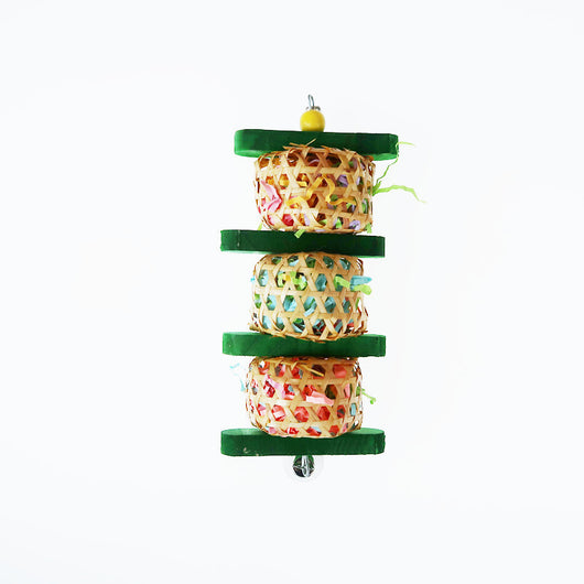 Colorful parrot toy with three rattan woven balls filled with paper, green wooden blocks, a yellow bead, and a bell. - Image 2