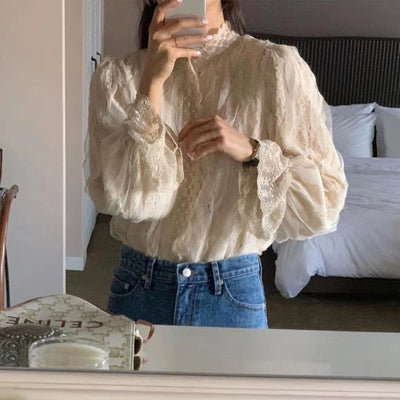 Blusa Elegante con Cuello Mao y Mangas Abullonadas en Encaje - Image 4