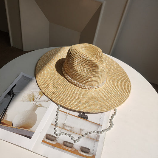Sombrero de Paja Jazz con Cadena de Perlas y Ala Ancha para Playa - Image 2
