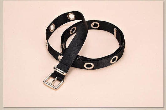 Black canvas belt with silver-tone metal eyelets and a pin buckle, designed to be tied. - Image 3