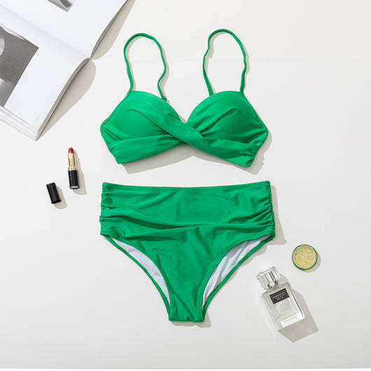 Women's black two-piece bikini with a twisted front bandeau top and high-waisted ruched bottoms. - Image 19