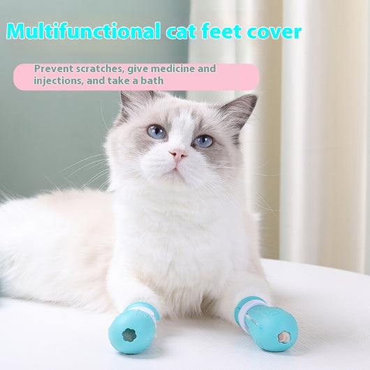 Four teal rubber cat paw covers with white hook-and-loop straps and paw print details, designed for anti-scratch protection.