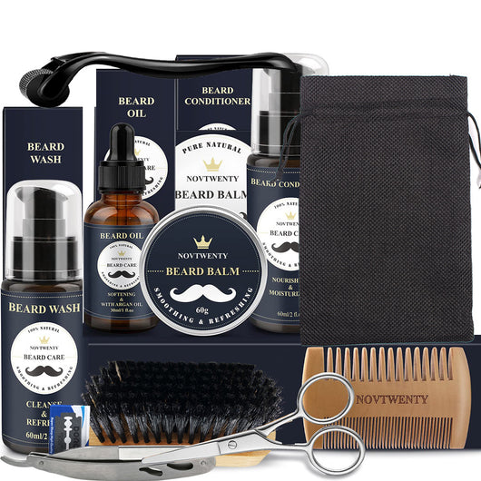 A comprehensive beard care kit with beard wash, essential oil, growth oil, beard oil, conditioner, balm, brush, comb, scissors, and razor. - Image 6
