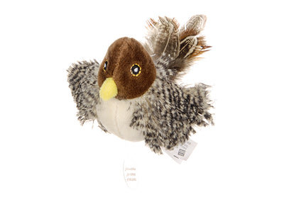 Silver tabby cat playing with a plush bird toy featuring brown and patterned feathers, a brown head, and a yellow beak. - Image 10