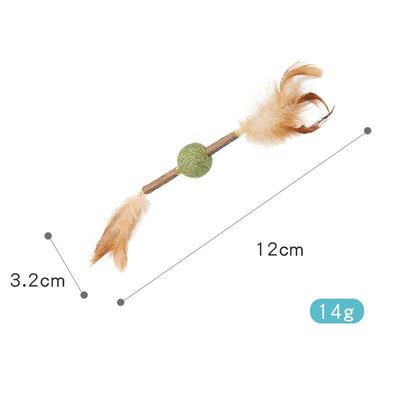 Feather and sisal cat toy with a wooden stick, green sisal ball, and brown feathers for molar cleaning. - Image 6