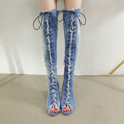 Botas Romanas de Tacón Cristal con Tira y Punta Abierta en Denim - Image 8