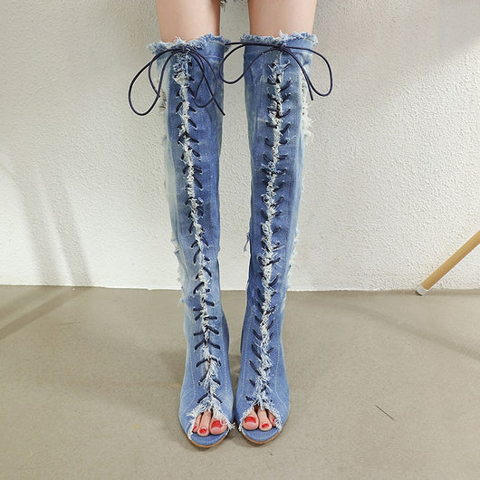 Botas Romanas de Tacón Cristal con Tira y Punta Abierta en Denim - Image 8