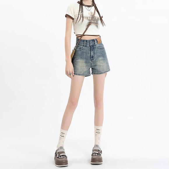 Short Denim Ajustado Cintura Alta Efecto Reductor Retro Vintage