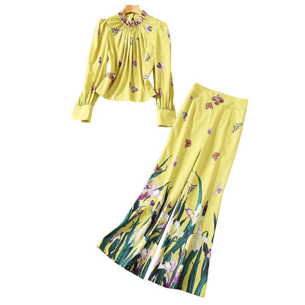 Conjunto Elegante: Blusa con Cuello de Pie y Cuentas + Pantalón Recto Estampado de Cintura Alta - Image 3