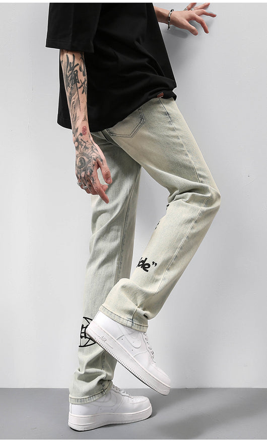 Jeans Vintage Americano Desgastado Amarillo con Estampado de Letras - Image 17