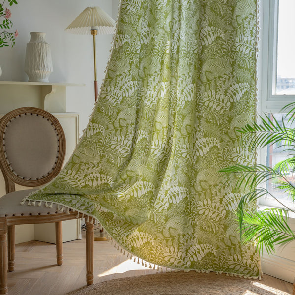 Cortina de Cocina Americana con Flecos y Estampado Floral Verde - Juego Completo con Barra