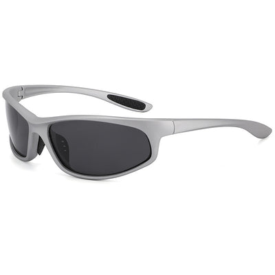 Black sports sunglasses with dark gray lenses and a matte finish, featuring a wrap-around frame style. - Image 5