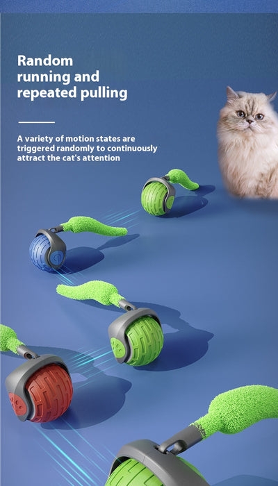 Blue and grey pet toy ball with a green textured tail for cats, shown on a blue background. - Image 23
