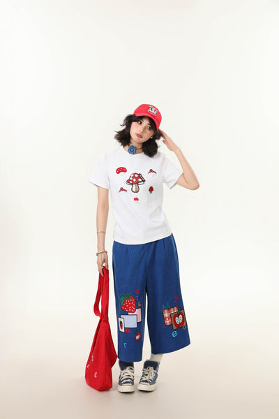 Camiseta Cuello Redondo Manga Corta con Bordado de Hongos para Mujer - Image 13