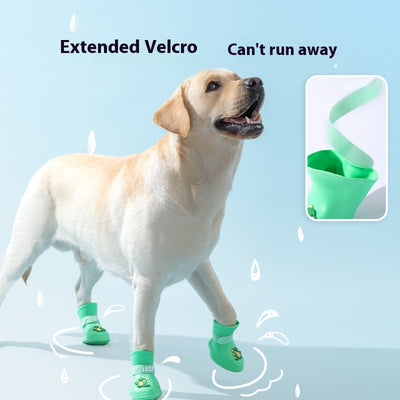 Four yellow silicone dog booties with a cartoon dog face emblem and "LUCKY" strap on a light blue background. - Image 4