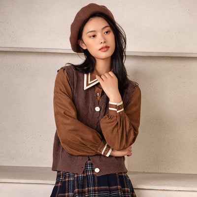 Conjunto Preppy de Camisa y Chaleco de Color Sólido - Image 9