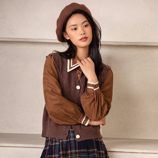 Conjunto Preppy de Camisa y Chaleco de Color Sólido - Image 9