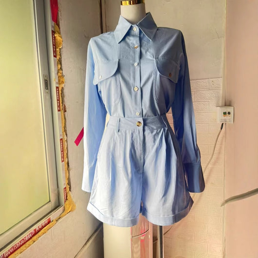 Conjunto de Lino y Algodón: Blusa Suelta de Manga Larga + Short de Cintura Alta - Image 3