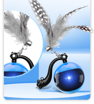 Blue and black rotating cat teasing ball with light, sound, and feather toy, controlled by a remote. - Image 11