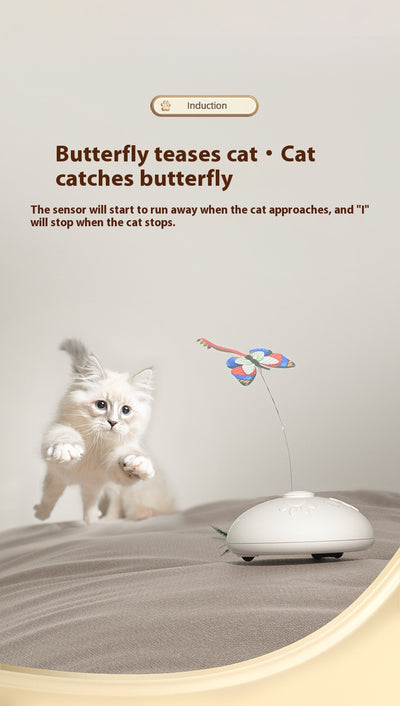White electric cat toy with a colorful butterfly on a flexible wire and green feathers extending from the base. - Image 14