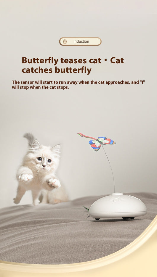 White electric cat toy with a colorful butterfly on a flexible wire and green feathers extending from the base. - Image 14