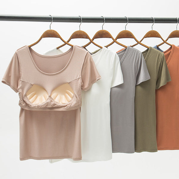 Camiseta Modal Mujer Manga Corta con Refuerzo de Pecho Color Sólido