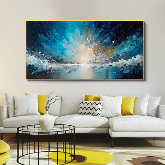Cuadro Abstracto Cielo Estrellado Océano Azul - Lienzo Pintado a Mano para Sala de Estar