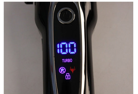 Black and silver hair clipper with an LCD display showing '100' and 'TURBO', featuring a power button and textured blade. - Image 15