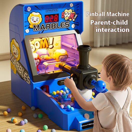 Red tabletop marble game machine with a joystick, buttons, and a lighted display, featuring colorful marbles.