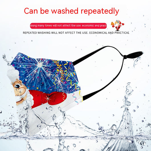 White Christmas dust mask with a digital print of a tabby cat wearing a red Santa hat and a large red bow.
