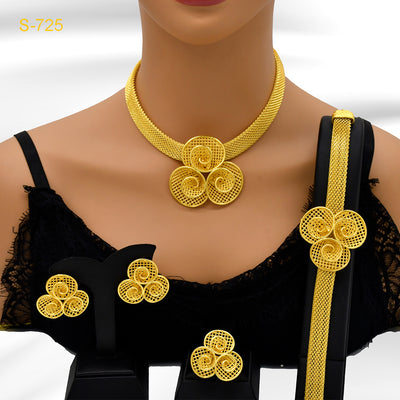 Gold-colored four-piece jewelry set with mesh texture: necklace, drop earrings, bracelet, and ring, all with knot design. - Image 16