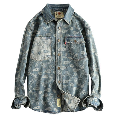 Camisa Denim Retro Lujo Suave con Patrón Paisley - Manga Larga Estilo Americano - Image 5