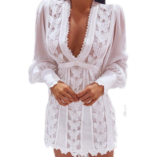 Vestido Elegante Blanco con Escote V, Encaje y Mangas Abullonadas - Image 3