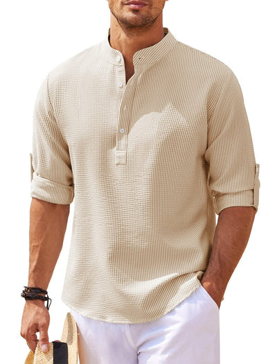 Camisa Casual Manga Larga Cuello Mao Hombre Color Sólido - Image 9