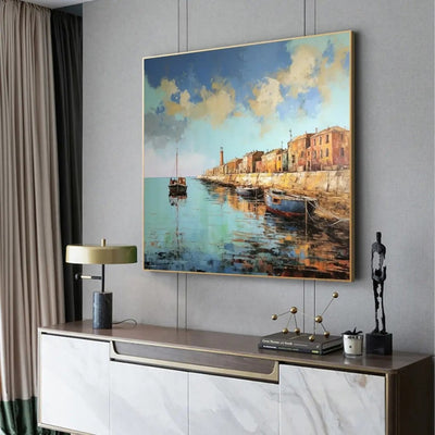 Cuadro Óleo Abstracto Paisaje Muelle con Bote - Arte Mural Personalizado Grandes Dimensiones - Image 3