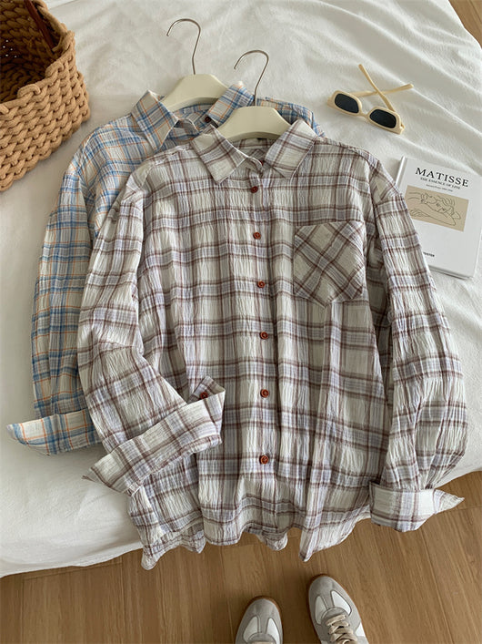 Camisa Cuadriculada de Algodón Retro Lavado Artístico para Mujer - Image 19