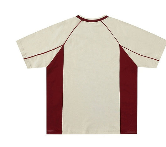 Men's khaki and red color contrast patchwork t-shirt with short raglan sleeves and a V-neck. - Image 5
