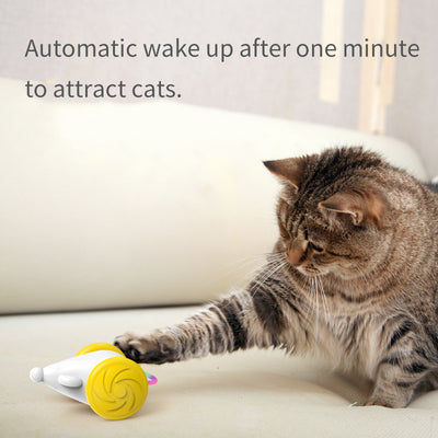 White and blue interactive cat toy shaped like a mouse with large wheels and a colorful, luminous tail. - Image 9