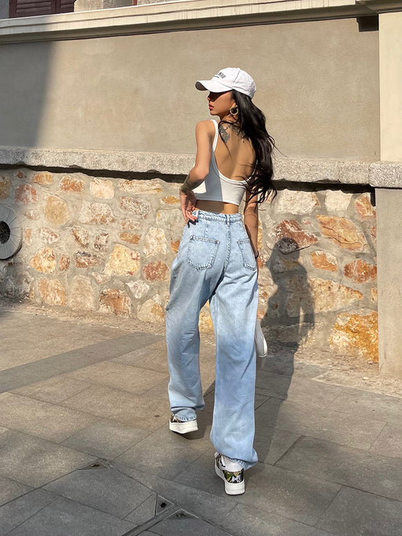 Women's Retro High-Waisted Jeans - Loose Fit and Casual