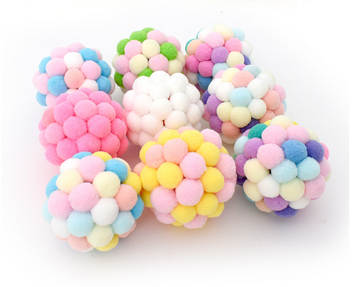 Colorful cat toy ball made of soft, pastel-colored pom-poms, including yellow, pink, purple, green, and blue. - Image 8