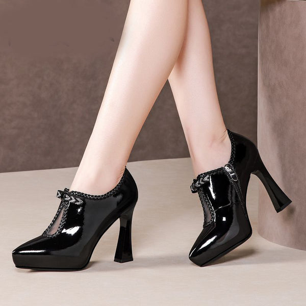Zapatos de Tacón Bajo Charol Profundo con Punta Redondeada