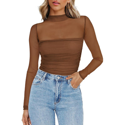 Top Sexy Cuello Malla con Detalles en Contraste - Image 14